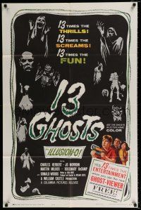 4a008 13 GHOSTS 1sh '60 William Castle, great art of all the spooks, horror in ILLUSION-O