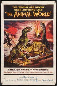 4a035 ANIMAL WORLD 1sh '56 great artwork of prehistoric dinosaurs & erupting volcano!