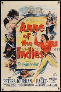 4a037 ANNE OF THE INDIES 1sh '51 artwork of history's fabulous pirate queen Jean Peters!