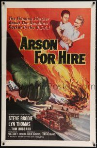 4a047 ARSON FOR HIRE 1sh '58 best fire truck artwork, flaming shocker of the deadliest U.S. racket