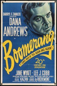 4a106 BOOMERANG 1sh '47 great close up art of Dana Andrews, Elia Kazan film noir!