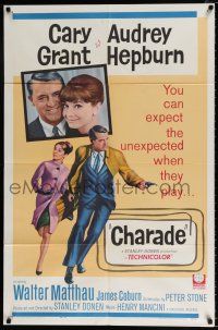 4a158 CHARADE 1sh '63 art of tough Cary Grant & sexy Audrey Hepburn, expect the unexpected!