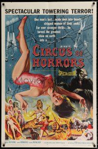 4a172 CIRCUS OF HORRORS 1sh '60 outrageous horror art of super sexy trapeze girl hanging by neck!