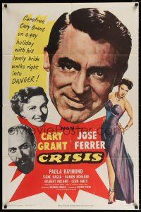 4a208 CRISIS 1sh '50 great huge headshot artwork of Cary Grant, plus Paula Raymond & Jose Ferrer!
