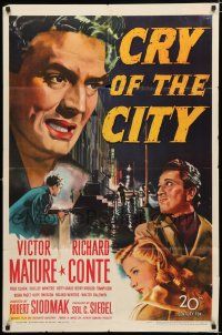 4a210 CRY OF THE CITY 1sh '48 film noir, cool c/u of Victor Mature, Richard Conte, Shelley Winters