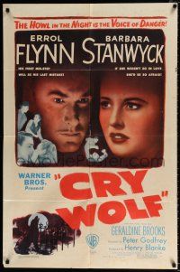 4a213 CRY WOLF 1sh '47 great close image of Errol Flynn & Barbara Stanwyck!