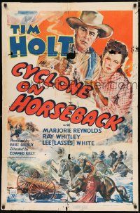 4a215 CYCLONE ON HORSEBACK style A 1sh '41 art of cowboy Tim Holt & pretty Marjorie Reynolds!