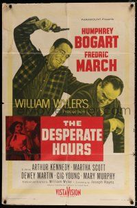 4a244 DESPERATE HOURS 1sh '55 Humphrey Bogart attacks Fredric March from behind, William Wyler