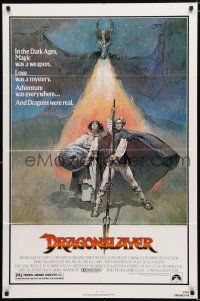 4a270 DRAGONSLAYER 1sh '81 cool Jeff Jones fantasy artwork of Peter MacNicol w/spear & dragon!