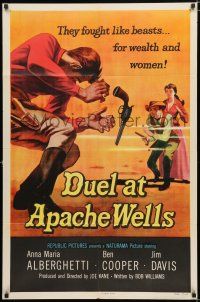 4a274 DUEL AT APACHE WELLS 1sh '57 they fought like beasts for wealth and women, cool gun duel art!