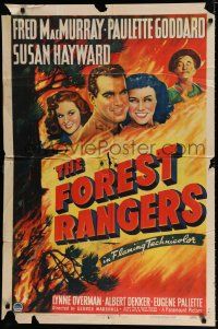 4a322 FOREST RANGERS style A 1sh '42 art of Fred MacMurray, P. Goddard & Susan Hayward in blaze!