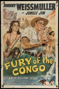 4a344 FURY OF THE CONGO 1sh '51 great art of Johnny Weissmuller as Jungle Jim & native women!