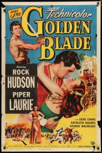 4a362 GOLDEN BLADE 1sh '53 close-up art of Rock Hudson & sexy Piper Laurie!