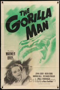 4a368 GORILLA MAN 1sh '42 cool horror art of green hand attacking pretty Ruth Ford!