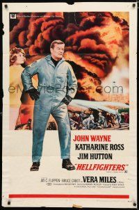 4a394 HELLFIGHTERS 1sh '69 John Wayne as fireman Red Adair, Katharine Ross, art of blazing inferno