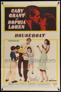 4a409 HOUSEBOAT 1sh '58 romantic close up of Cary Grant & beautiful Sophia Loren + with kids!
