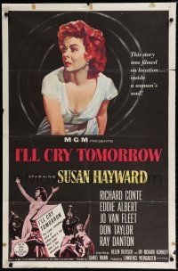 4a427 I'LL CRY TOMORROW 1sh '55 artwork of distressed Susan Hayward in her greatest performance!