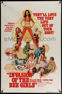 4a439 INVASION OF THE BEE GIRLS 1sh '73 cool artwork of sexy girls in action, wacky sci-fi!