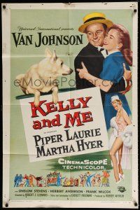 4a467 KELLY & ME 1sh '57 art of Van Johnson, Piper Laurie, sexy Martha Hyer & dog by Reynold Brown!