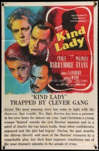 4a470 KIND LADY 1sh '51 John Sturges, Ethel Barrymore, Angela Lansbury, art of top cast!
