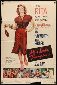 4a563 MISS SADIE THOMPSON 1sh '53 sexy Rita Hayworth swinging purse & turning it on in 3-D!