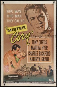 4a569 MISTER CORY 1sh '57 art of professional poker player Tony Curtis & kissing sexy Martha Hyer!