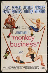 4a573 MONKEY BUSINESS 1sh '52 Cary Grant, Ginger Rogers, sexy Marilyn Monroe, Charles Coburn