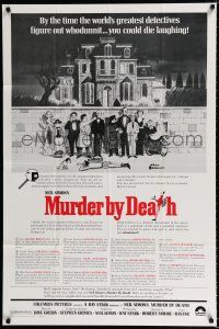 4a577 MURDER BY DEATH text style 1sh '76 Charles Addams art of cast by dead body & spooky house!