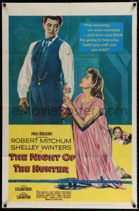 4a598 NIGHT OF THE HUNTER 1sh '55 Robert Mitchum, Shelley Winters, Charles Laughton classic noir!