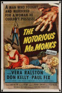4a608 NOTORIOUS MR. MONKS 1sh '58 a man who fought and murdered for a woman he couldn't possess!