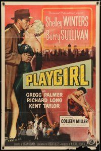 4a662 PLAYGIRL 1sh '54 Barry Sullivan, there's a price tag on sexy Shelley Winters' kisses!