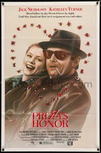 4a679 PRIZZI'S HONOR 1sh '85 cool art of smoking Jack Nicholson & Kathleen Turner w/bullet holes!