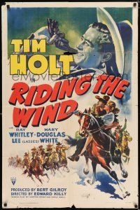 4a704 RIDING THE WIND style A 1sh '41 great artwork of cowboy Tim Holt holding gun & on horseback!