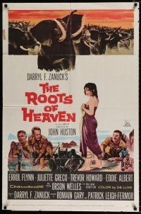 4a721 ROOTS OF HEAVEN 1sh '58 directed by John Huston, Errol Flynn & sexy Julie Greco in Africa!