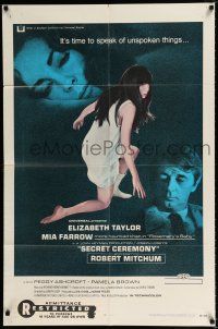 4a751 SECRET CEREMONY 1sh '68 Elizabeth Taylor, Mia Farrow, Robert Mitchum, Joseph Losey directed!
