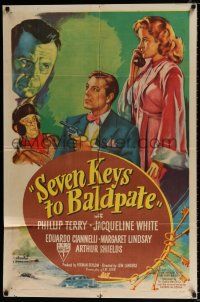 4a759 SEVEN KEYS TO BALDPATE style A 1sh '47 art of sexy Jacqueline White & Phillip Terry!