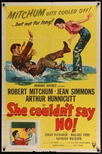 4a768 SHE COULDN'T SAY NO 1sh '54 sexy short-haired Jean Simmons examines Dr. Robert Mitchum!