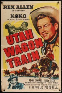 4a940 UTAH WAGON TRAIN 1sh '51 art of Arizona Cowboy Rex Allen & Koko Miracle Horse of the Movies!