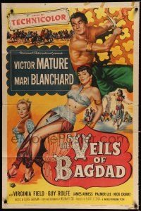 4a947 VEILS OF BAGDAD 1sh '53 art of Victor Mature & sexy harem girl Mari Blanchard!
