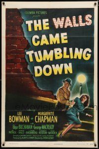 4a958 WALLS CAME TUMBLING DOWN 1sh '46 Lee Bowman, Marguerite Chapman, cool crime artwork!