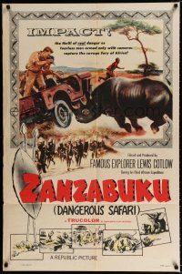 4a993 ZANZABUKU 1sh '56 Dangerous Safari in savage Africa, art of rhino ramming jeep!