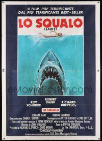 4c183 JAWS Italian 2p '75 art of Spielberg's classic man-eating shark attacking sexy swimmer!
