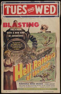 4c325 HELL RAIDERS OF THE DEEP WC '54 art of Italian frogmen, riding one-ton torpedoes to hell!