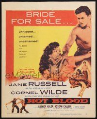 4c332 HOT BLOOD WC '56 great image of barechested Cornel Wilde grabbing Jane Russell, Nicholas Ray