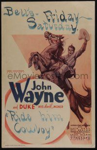 4c347 JOHN WAYNE WC '30s great art of him on rearing horse Duke, Ride Him Cowboy!
