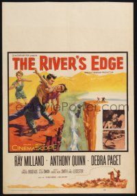 4c414 RIVER'S EDGE WC '57 Ray Milland & Anthony Quinn fighting on cliff, Debra Paget