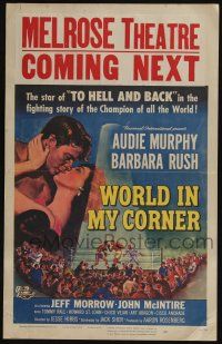 4c482 WORLD IN MY CORNER WC '56 great close up of champion boxer Audie Murphy with boxing gloves!