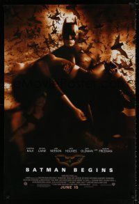 4d084 BATMAN BEGINS June 15 advance DS 1sh '05 Bale as the Caped Crusader carrying Katie Holmes!