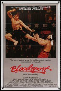 4d108 BLOODSPORT 1sh '88 cool image of Jean Claude Van Damme kicking Bolo Yeung in his huge pecs!