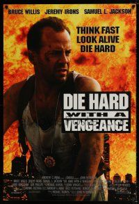 4d210 DIE HARD WITH A VENGEANCE int'l DS 1sh '95 cool close-up of beaten cop Bruce Willis!